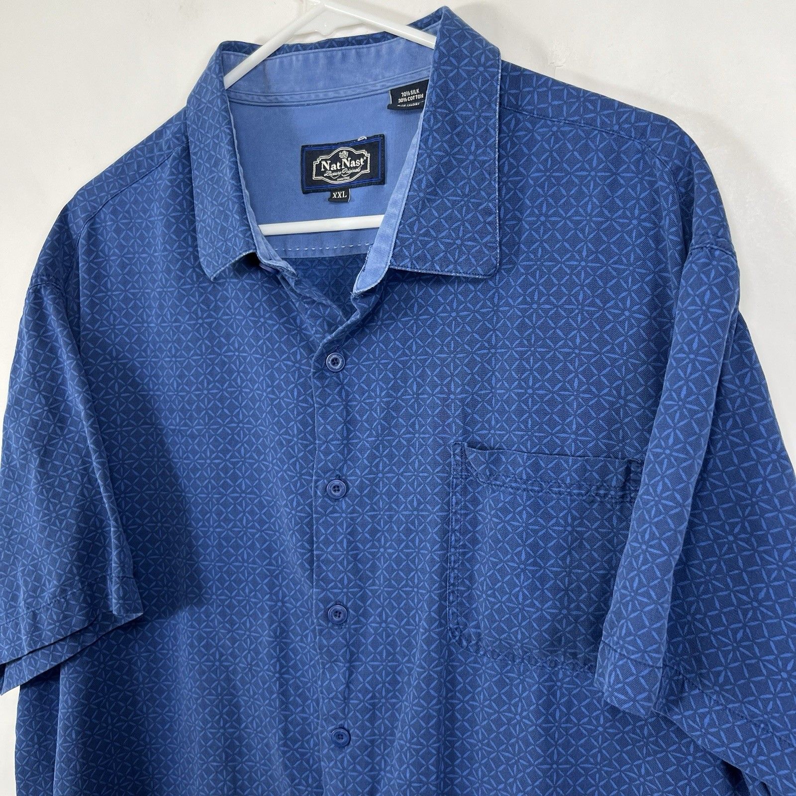 Nat Nast Short Sleeve Button Up Shirt Mens Xxl 2xl Blue Geometric Silk Blend